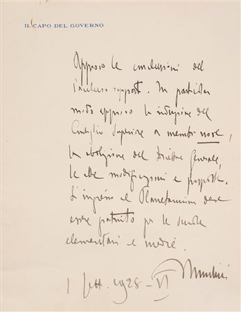 Benito Mussolini - Lettera autografa firmata, 1928