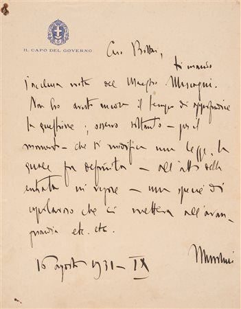 Benito Mussolini - Lettera autografa firmata, 1931