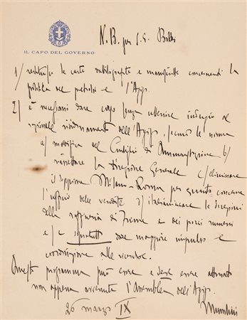 Benito Mussolini - Lettera autografa firmata, 1931