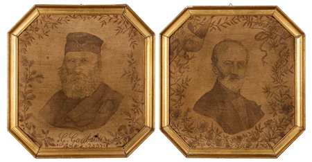 Giuseppe Mazzini - Giuseppe Garibaldi (Genova 1805 - Pisa 1872, Nizza 1807 - Caprera 1882)  - Rara coppia di ritratti di Garibaldi e di Mazzini ricamati su tessuto, 1870