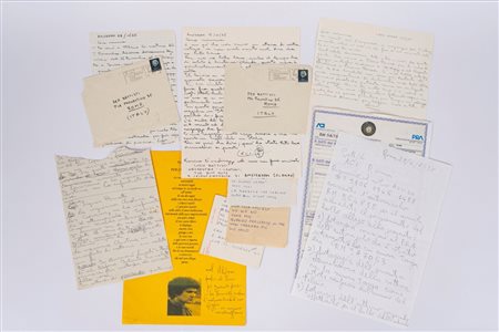 Lucio Battisti (Poggio Bustone 1943 - Milano 1998)  - Lotto di 3 lettere, vergate ed autografe di Lucio Battisti, alcuni foglietti con appunti vari, documenti del PRA di un possesso di autoveicolo, 1965