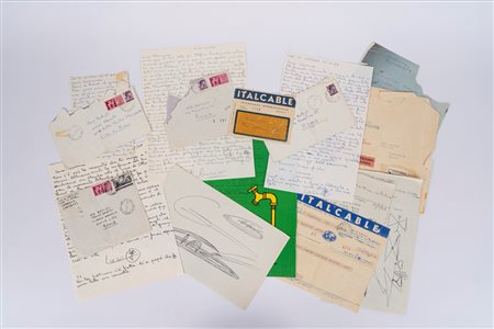 Lucio Battisti (Poggio Bustone 1943 - Milano 1998)  - Lotto di 5 lettere autografe di Lucio Battisti, foglietti con appunti vari, testi di canzoni, disegni, schizzi vari , 1960s