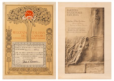 Gabriele D'Annunzio - Adolfo De Carolis - Attestati per la Marcia di Ronchi dei Legionari (Fiume) e per la Marcia su Roma, 1920-1922