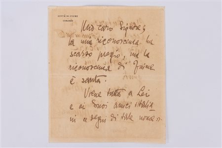 Gabriele D'Annunzio - Lettera dal Comando della Città di Fiume, 1919