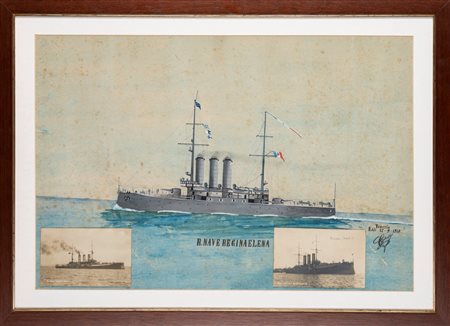 Acquarello su carta della Regia Nave REGINA ELENA , 1910
