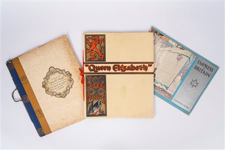 Lotto di tre cataloghi illustrativi dei transatlantici Queen Mary , Queen Elizabeth, Empress of Britain, '900s