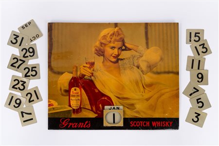 Calendario in lamiera litografata, pubblicitario per il GRANT'S Scotch Whisky, 1950s