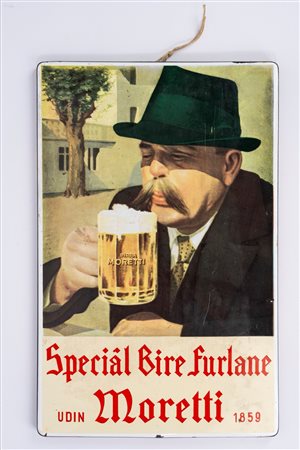 Iconica pubblicità della Birra Moretti, rara tabella in lamiera smaltata, originale degli anni '950, 1950s