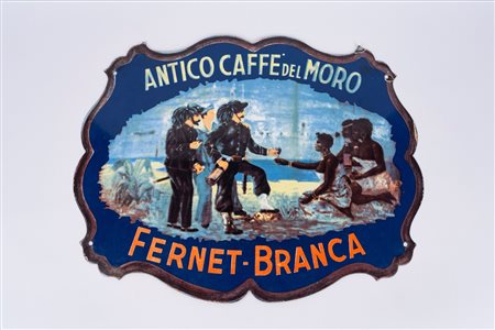 Tabella smaltata dell' ANTICO CAFFE' DEL MORO pubblicitaria per Fernet Branca, 1980s