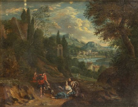 PITTORE ANONIMO<BR>"Paesaggio con fanciulle, viandante e cane" XVIII secolo