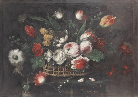 PITTORE ANONIMO<BR>"Natura morta con cesto di fiori"" XVII secolo