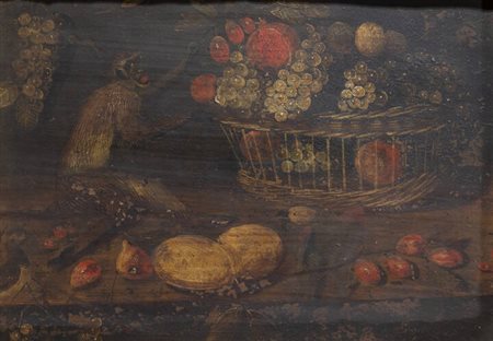 PITTORE ANONIMO<BR>"Natura morta con cesto di frutta e scimmietta" XVII secolo