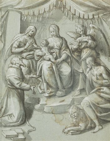 PITTORE ANONIMO<BR>"Adorazione con Sant'Anna, Angelo; San Gerolamo e santo"