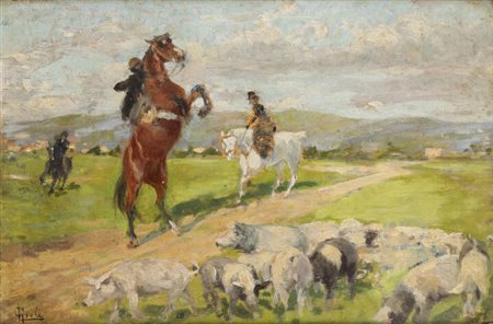 LUIGI GIOLI<BR>San Frediano a Settimo (PI) 1854 - 1947 Firenze<BR>"Paesaggio con cavalieri"