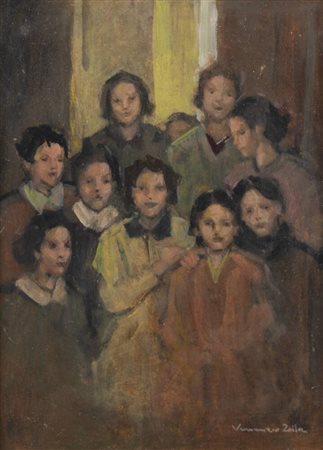 VENANZIO ZOLLA<BR>Colchester (Regno Unito) 1880 - 1961 Torino<BR>"La messa della Domenica all'oratorio di Lanzo"