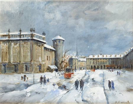 EDMONDO MANEGLIA<BR>Koziu (Turchia) 1925 - 2003 Torino<BR>"Torino anni 30. Piazza Castello sotto la neve"