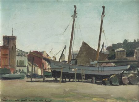 ALBERTO SALIETTI<BR>Ravenna (RA) 1892 - 1961 Chiavari (GE)<BR>"Barche in secca a Sestri Levante" 1927