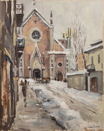 FELICE VELLAN<BR>Torino 1889 - 1976<BR>"Nevicata in Piazza Santa Giulia", 1956