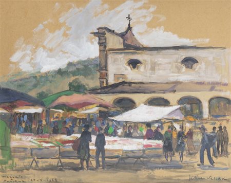 FELICE VELLAN<BR>Torino 1889 - 1976<BR>"Mercato a Paesana" 20-9-1968