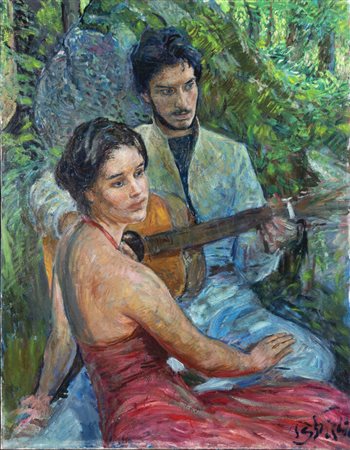 PAULO GHIGLIA<BR>Firenze 1905 - 1979<BR>"Serenata con donna in abito rosso"