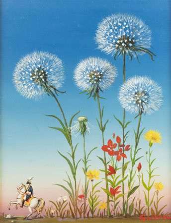 ROMANO GAZZERA<BR>Ciriè (TO) 1908 - 1985<BR>"Cavaliere e fiori di sospiri" 1977
