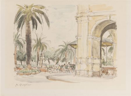 MASSIMO QUAGLINO<BR>Refrancore (AT) 1899 - 1982 Torino<BR>"Paesino con porticato e palme"