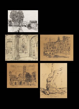MASSIMO QUAGLINO<BR>Refrancore (AT) 1899 - 1982 Torino<BR>A) "Piazza Navona"<BR>B) "Paesaggio cittadino"<BR>C) "S. Maria in Cosmedin"<BR>D) "Lepre"<BR>E) "Strada di campagna"