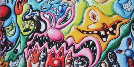 KENNY SCHARF, ( 1958 ) multiplo, serigrafia su tessuto 2014, cm 73,5 x 149,5:...
