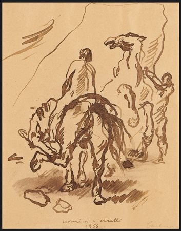 FELICE CARENA, (1879-1966), uomini e cavalli 1956 china su carta, cm 28x22....