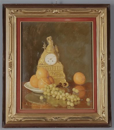 ERNESTO ALCIDE CAMPESTRINI, (1897-1983), natura morta con orologio e frutta...