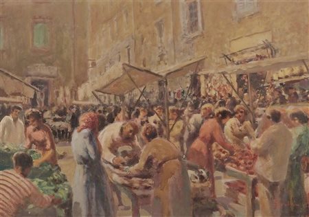 GUIDO DOLCI, (1880-1969), Mercato, Olio su cartone, cm. 38,5x55 Firma in...