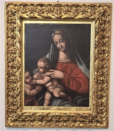 Pittore del XVII secolo, Madonna con bambino e San Giovannino. Olio su tela...