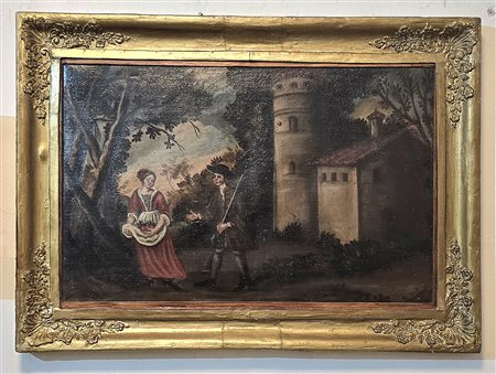 Pittore del XVIII secolo, Paesaggio con figure, olio su tela cm 56 x 82 cm ....