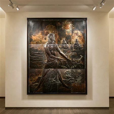 Sebastiano Milluzzo (Catania 1915 - Catania 2011)  - Grande pannello in lamina di ottone raffigurante Pescatore ad Acitrezza