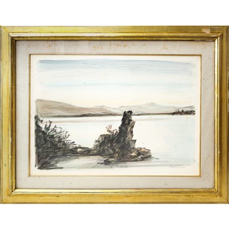 Domenico Purificato (Fondi  1915 - Roma  1984)  - Paesaggio lacustre, 1972