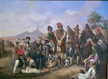 Scena di vita Napoletana con le marionette Pulcinella e Colombina