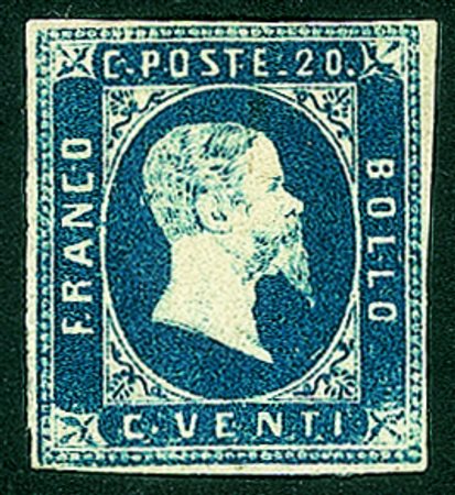 Antichi Stati Italiani - Sardegna - 1851 c.20 azzurro scuro, prima tiratura...
