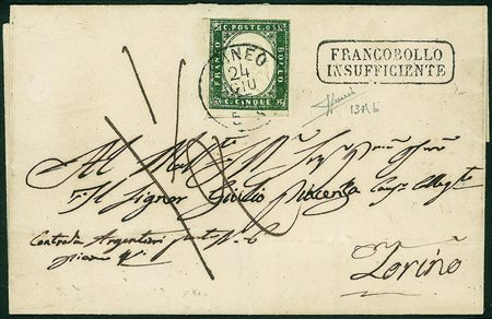 Antichi Stati Italiani - Sardegna - Bel 5 cent verde misto scuro (13Ab)...