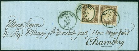 Antichi Stati Italiani - Sardegna - Coppia del 10 cent terra d'ombra chiaro...