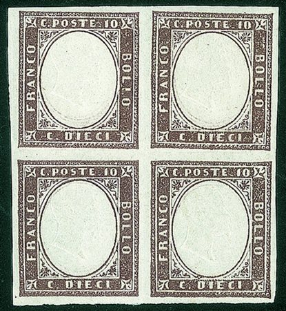 Antichi Stati Italiani - Sardegna - 1858 - Quartina del 10 cent bruno porpora...