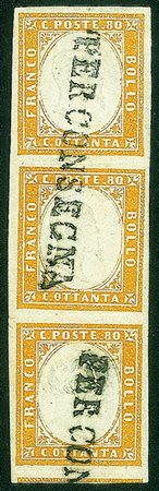 Antichi Stati Italiani - Sardegna - Striscia verticale di tre del 80 cent...