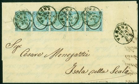 Regno - Vittorio Emanuele II - Striscia orizzontale di cinque del 20 su 15...