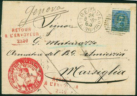 Regno - Umberto I - Lettera per Marsiglia da GENOVA 25.8.87Con Umberto c.25...