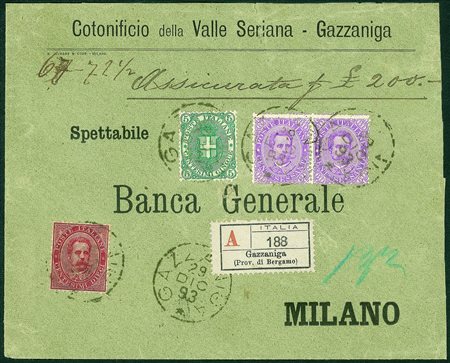 Regno - Umberto I - Assicurata con c.5 verde + c.10 carminio + coppia c.60...