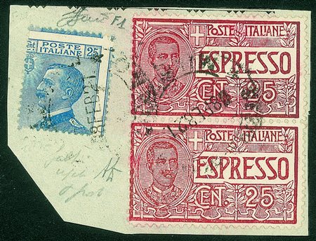 Regno - Espressi - Frammento del 18.2.1921 con 25 cent. azzurro + Espressi...