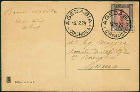 Colonie - Cirenaica - Agedabia (Cirenaica) 19.12.24 su cartolina con 15 cent...