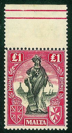 Estero - Malta - 1922/1925 - 1 sterlina Allegoria (101) con bordo di foglio...