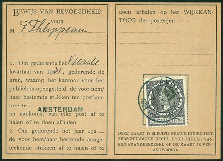 Estero - Olanda - Tessera postale affrancata con 5 gulden Regina Guglielmina...