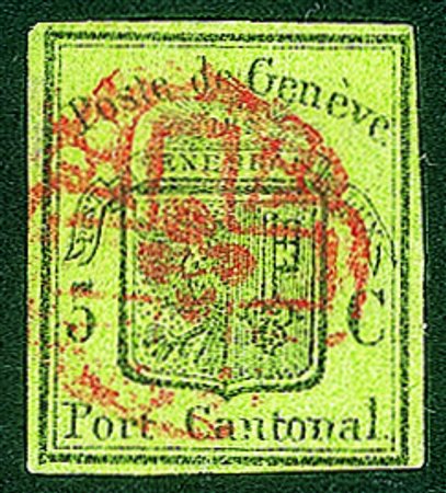 Estero - Svizzera - 1848 - Cantonale - 5 cent nero e verde di Ginevra (3a)...
