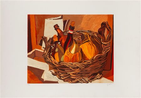 Renato Guttuso (Bagheria 1911 - Roma 1987)  - Natura morta con cesto e fiaschi